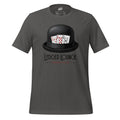 Grey shirt with a black bowler hat with 3 cards, 5 of diamonds, 8 of hearts and 9 of spades with Ledger Lounger underneath and poker club underneath.