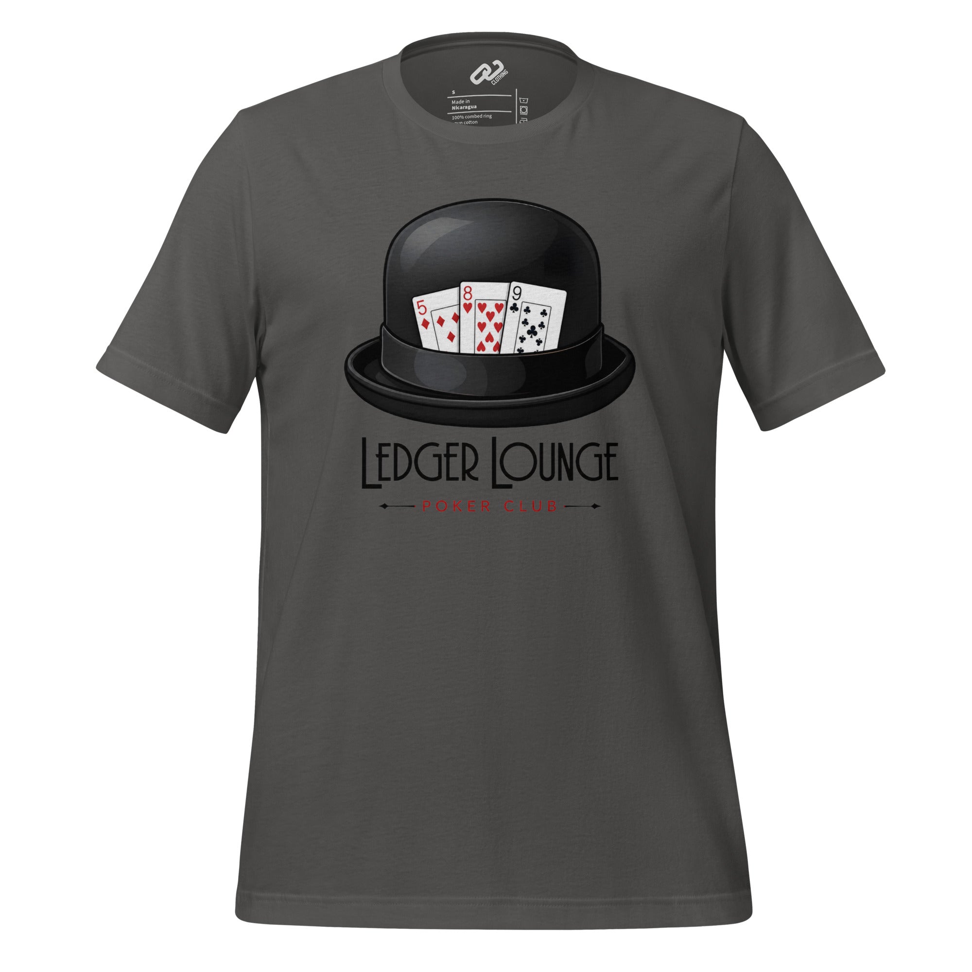 Grey shirt with a black bowler hat with 3 cards, 5 of diamonds, 8 of hearts and 9 of spades with Ledger Lounger underneath and poker club underneath.