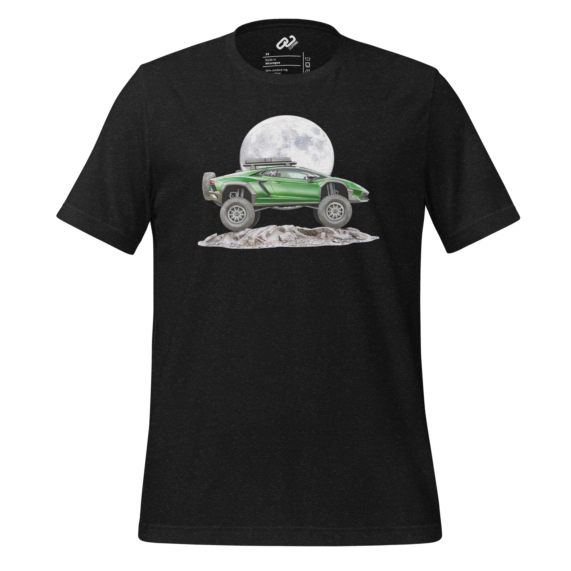 Dark Gray heather shirt with a green lambo climbing a space rock with a moon behind it and a subtle XRP grey logo in the window.