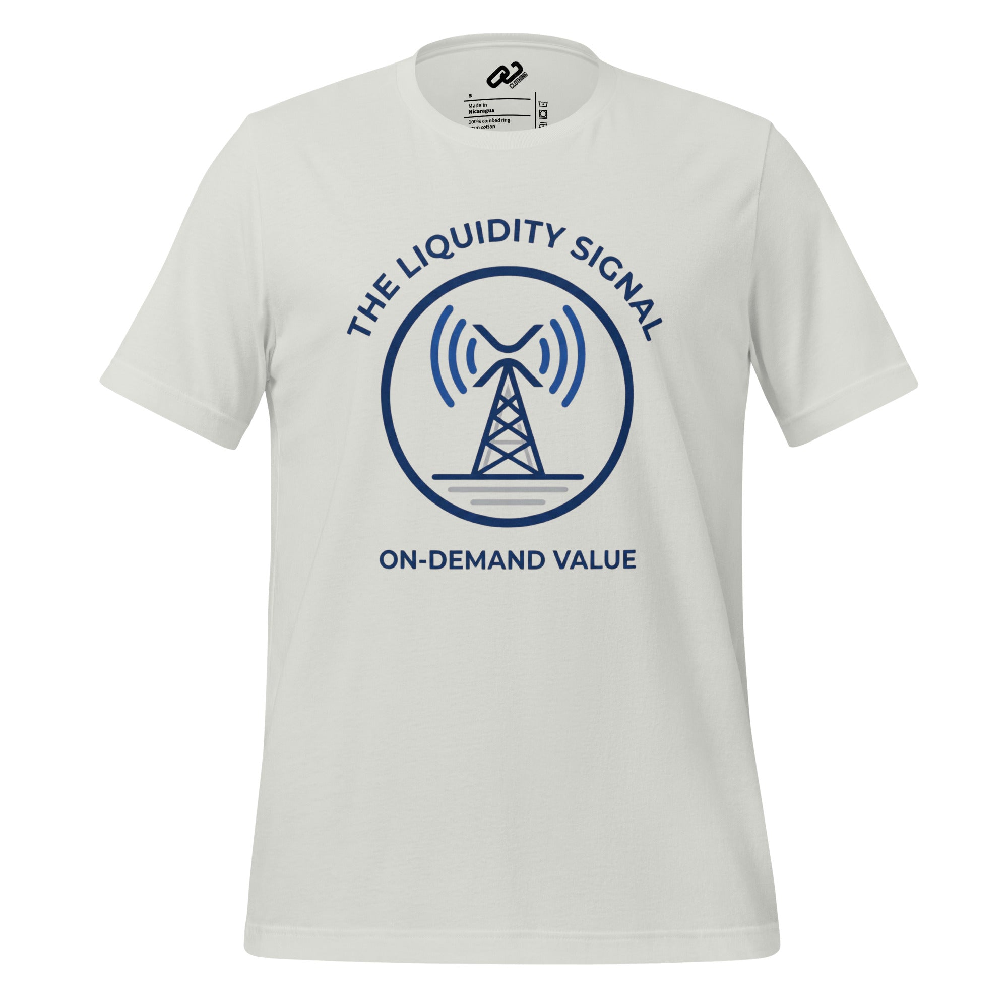 White tee with a blue circle and a radio tower sending out signals from the XRP with the words "The liquidity signal" arched above and it and the words "on-demand value" below it in blue text.