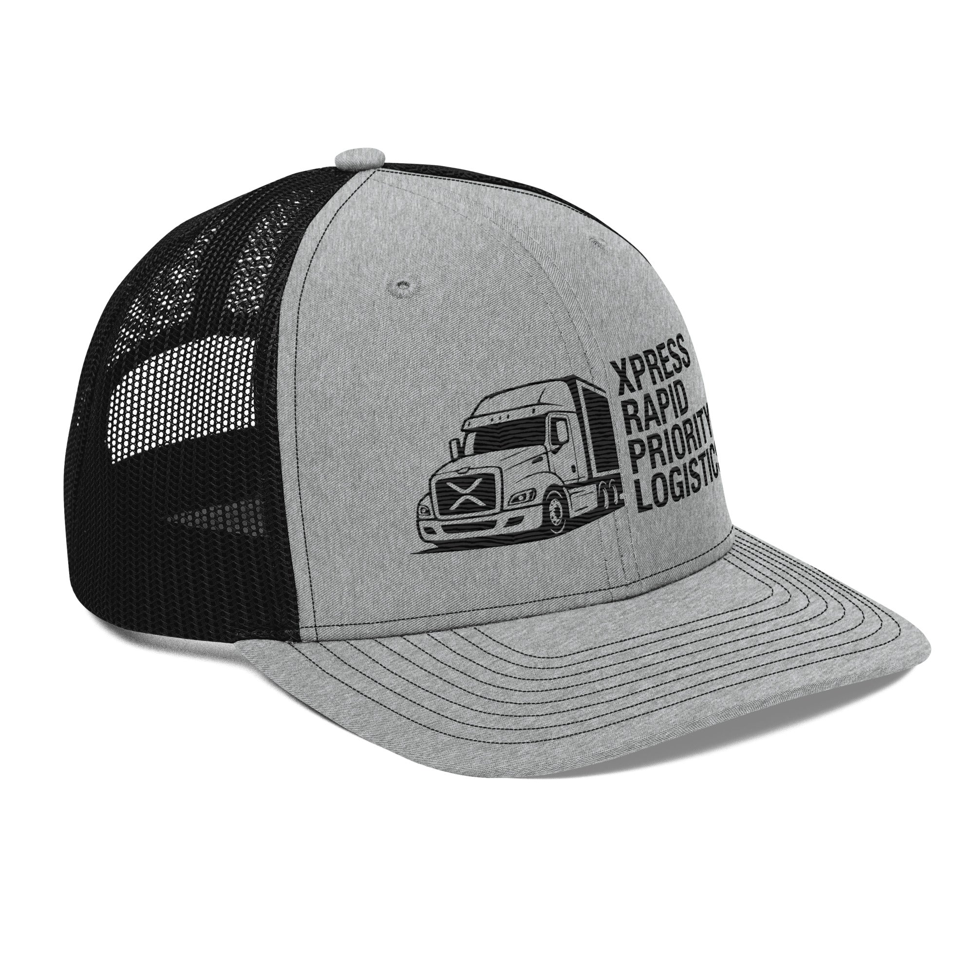 Grey hat featuring a mac track with an XRP logo on the grill and in black text "Xpress Rapid Priority Logistics" spelling out XRPL in a vertical line.