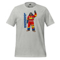 Grey t-shirt that says legend in blue block letters and a yeti dressed in a red ski suit with a 589 emblem on the front, ski glasses and holding up a phone taking a selfie.