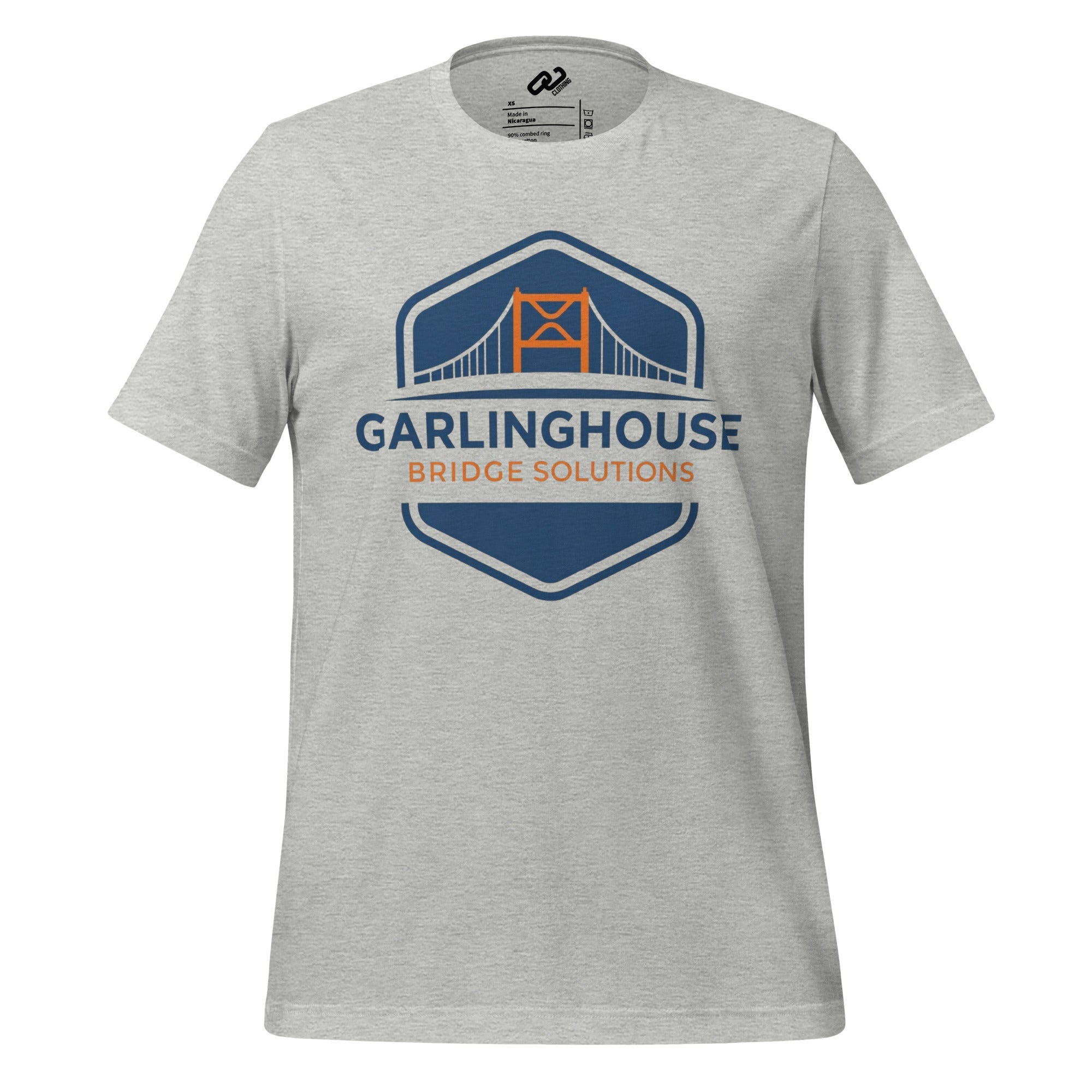 Grey t-shirt with a blue diamond emblem featuring a greyed out bridge leading to an orange post with an XRP logo. Underneath reads Garlinghouse Bridge Solutions in blue and orange.