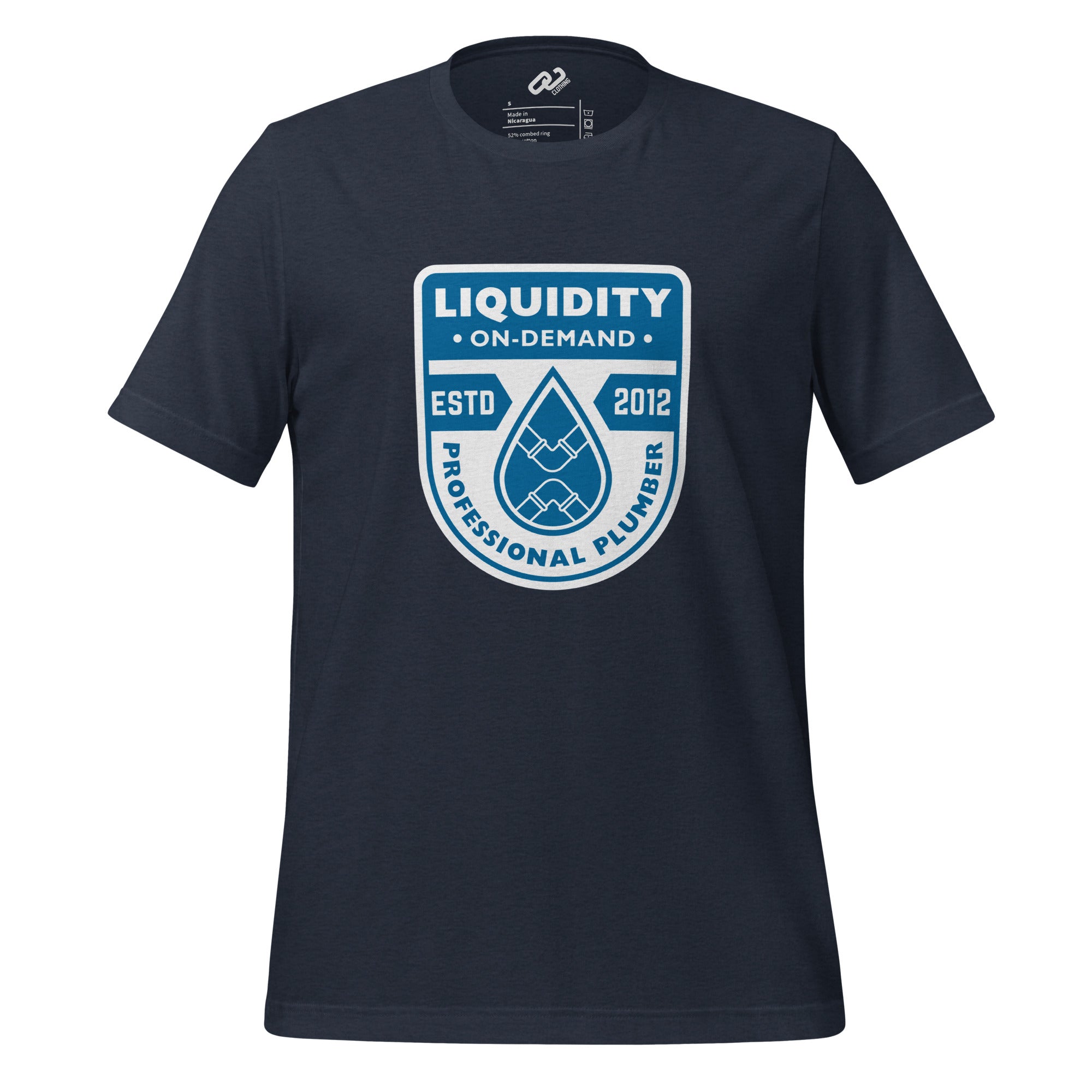 Dark heather navy tee-shirt with a white and blue emblem that reads Liquidity on Demand Estd. 2012 Professional Plumber with discreet pipe XRP logo.